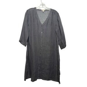 EILEEN FISHER Linen V Neck Button Front Tunic Top Black Size XS